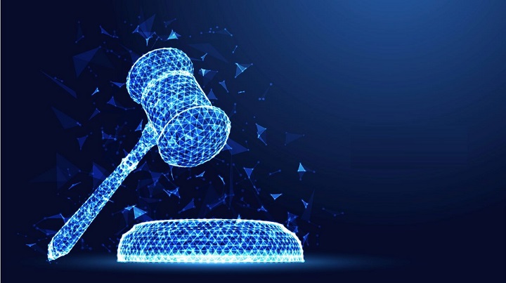digital divorce image of an electronic gavel on a blue background